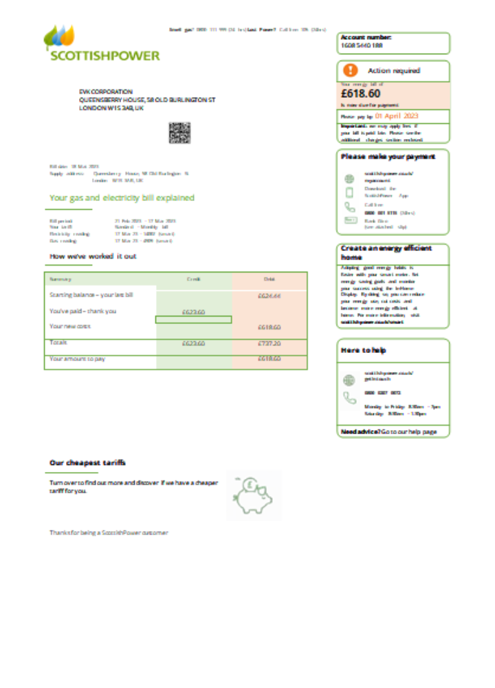 Scottish Power UK PLC utility business bill, SCR PSD template